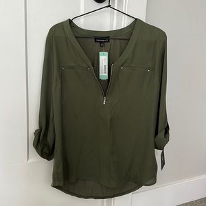 FORTUNE + IVY Rebekah Zipper Detail Mixed Material Blouse